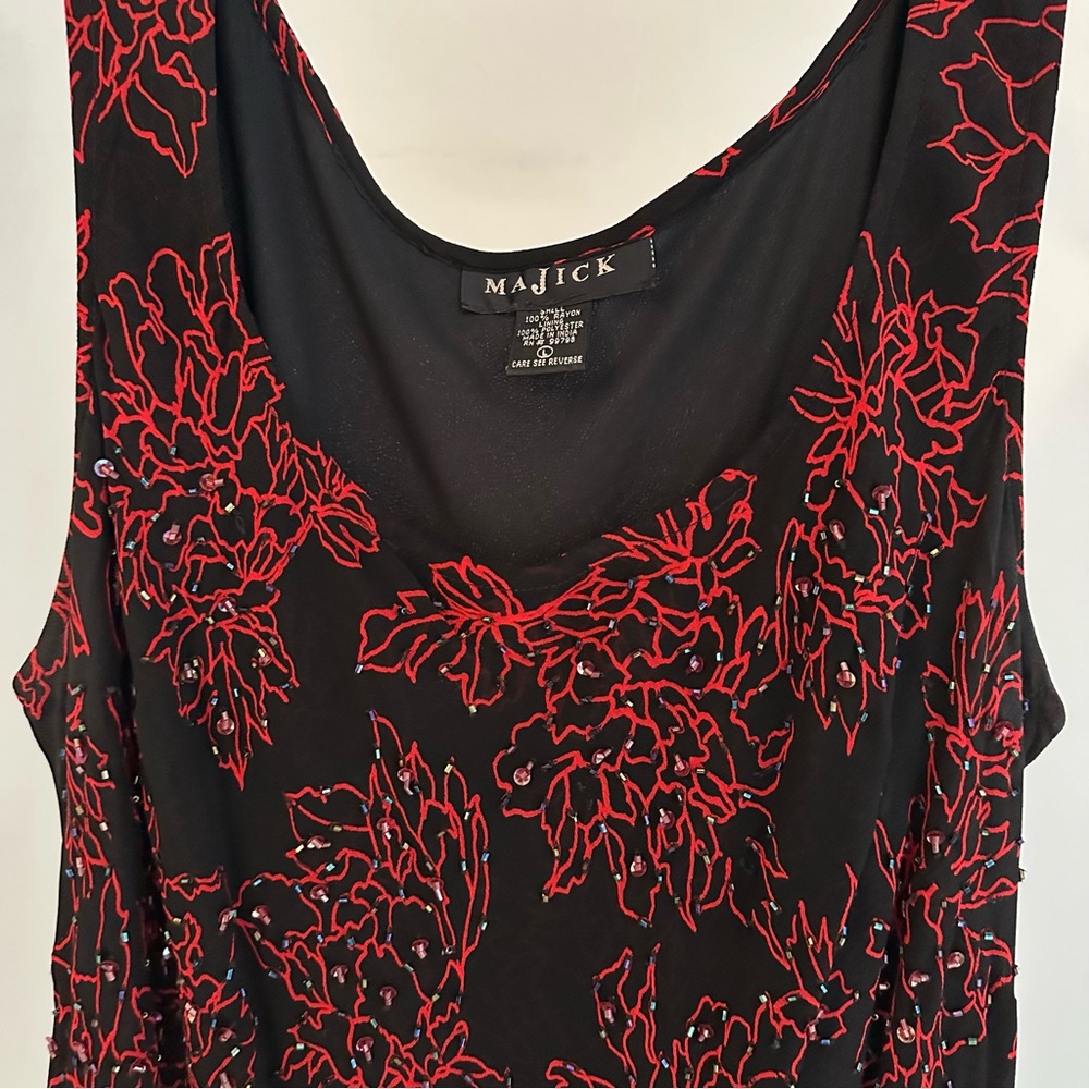 Majick Black Sleeveless Dress with Red Floral Beading